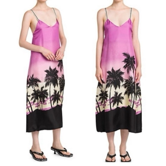 Palm Angels Pink Sunset Satin Slip On Palm Print Midi Slit Logo Dress Size 4 NEW - Picture 3 of 14